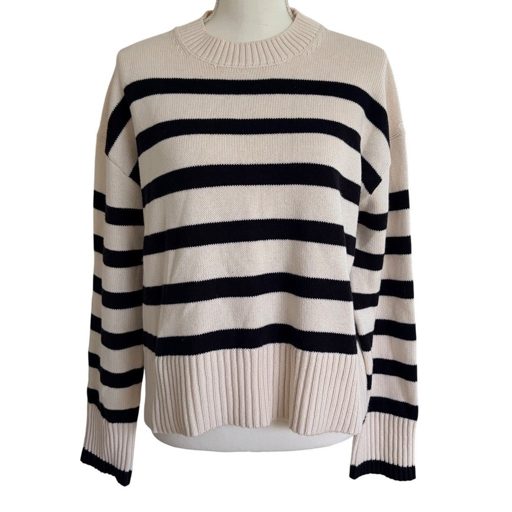 Everlane Striped Crewneck Sweater Ivory Black Cotton Knit Pullover Size S NWOT
